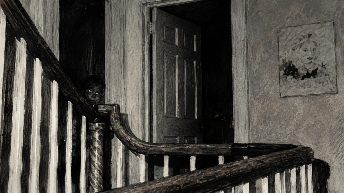 A pencil-and-wash drawing of a staircase landing: a dark wooden banister and newel post, a six-panel door standing open onto a black room, a framed portrait on the wall, and from the shadow beside the post a small boy peering out with pale bright eyes