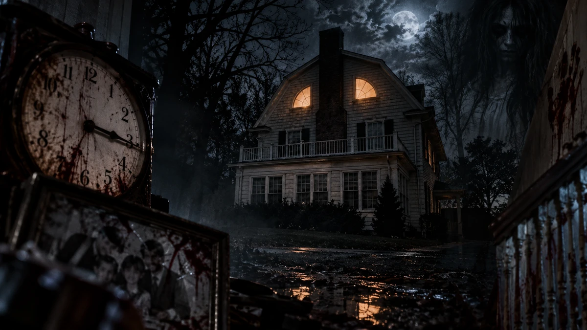 The Dutch Colonial house at Amityville, Long Island, New York on a moonlit night, its two quarter-round attic windows glowing amber like a pair of eyes; in the foreground a stained clock face stopped at a quarter past three and a cracked family photograph in a frame