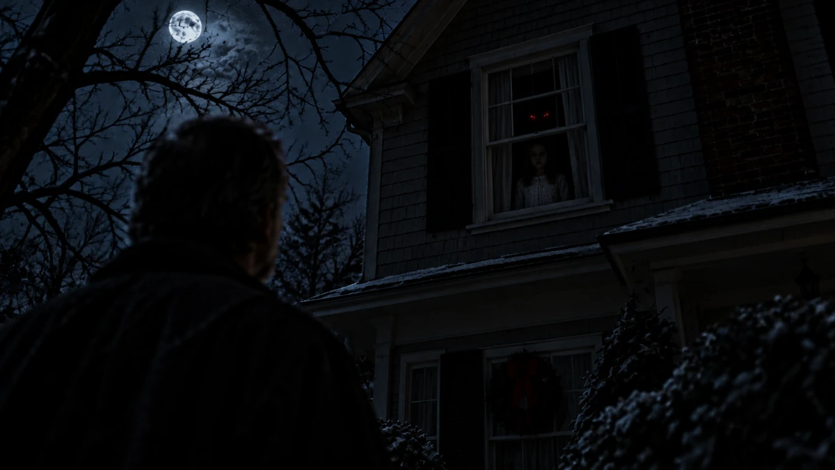 A man seen from behind in a snowy garden at night, looking up at a lit second-floor window of a shingled house where a small girl in a white nightdress stands with a pair of red eyes glowing in the dark behind her; a full moon above the bare trees and a Christmas wreath on the door below