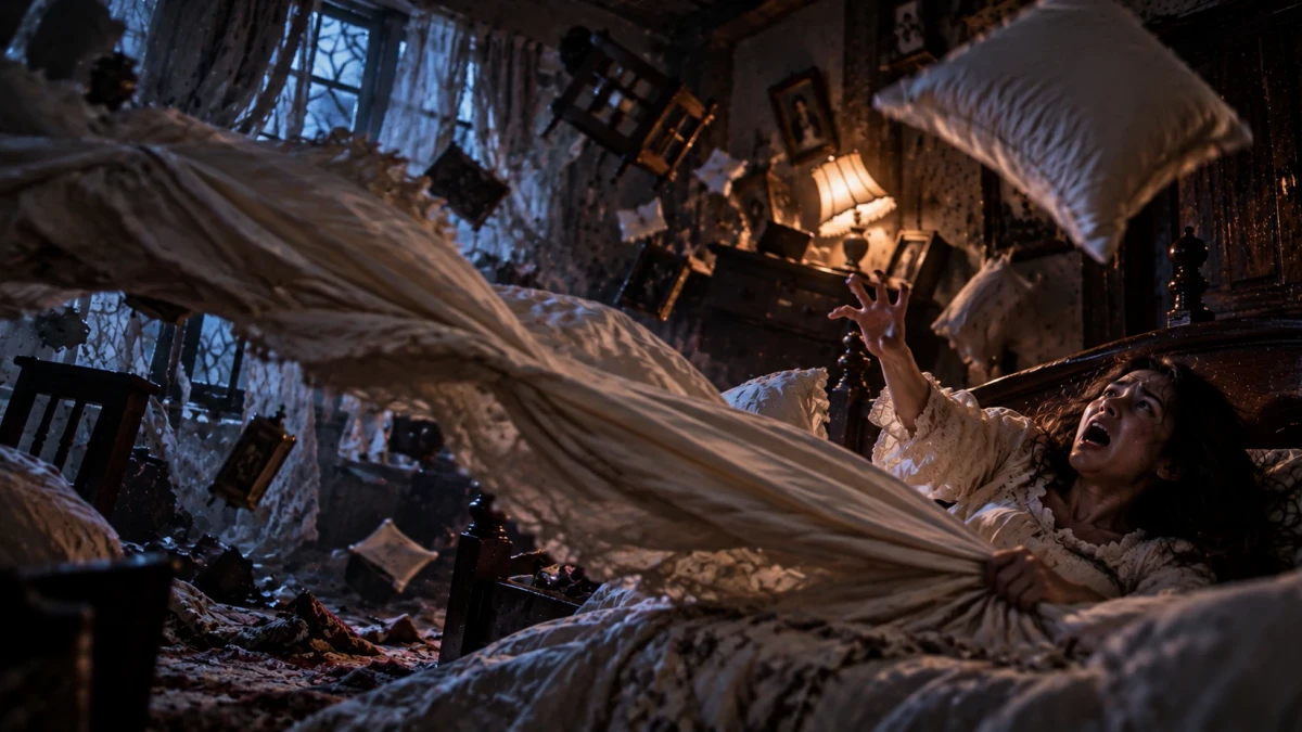 A dark old bedroom at night, a quilt torn up into the air by an unseen force while pillows, picture frames and a chair fly across the room, and a terrified woman in a white nightgown screams from the bed, clutching one corner of the quilt and reaching up with her other hand