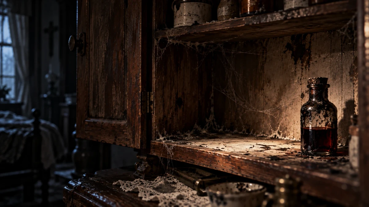 A half-open old wooden cupboard in a dim bedroom, its shelf thick with cobwebs and grime, and a small smoke-stained glass bottle with a cork stopper standing at the back, partly filled with a dark red liquid
