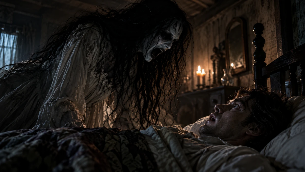 A dark candlelit bedroom in an old house, a pale woman with long tangled black hair and a ragged white gown leaning over a bed and screaming down at a terrified man lying under the quilt, candles and a mirror glowing on the dresser behind them