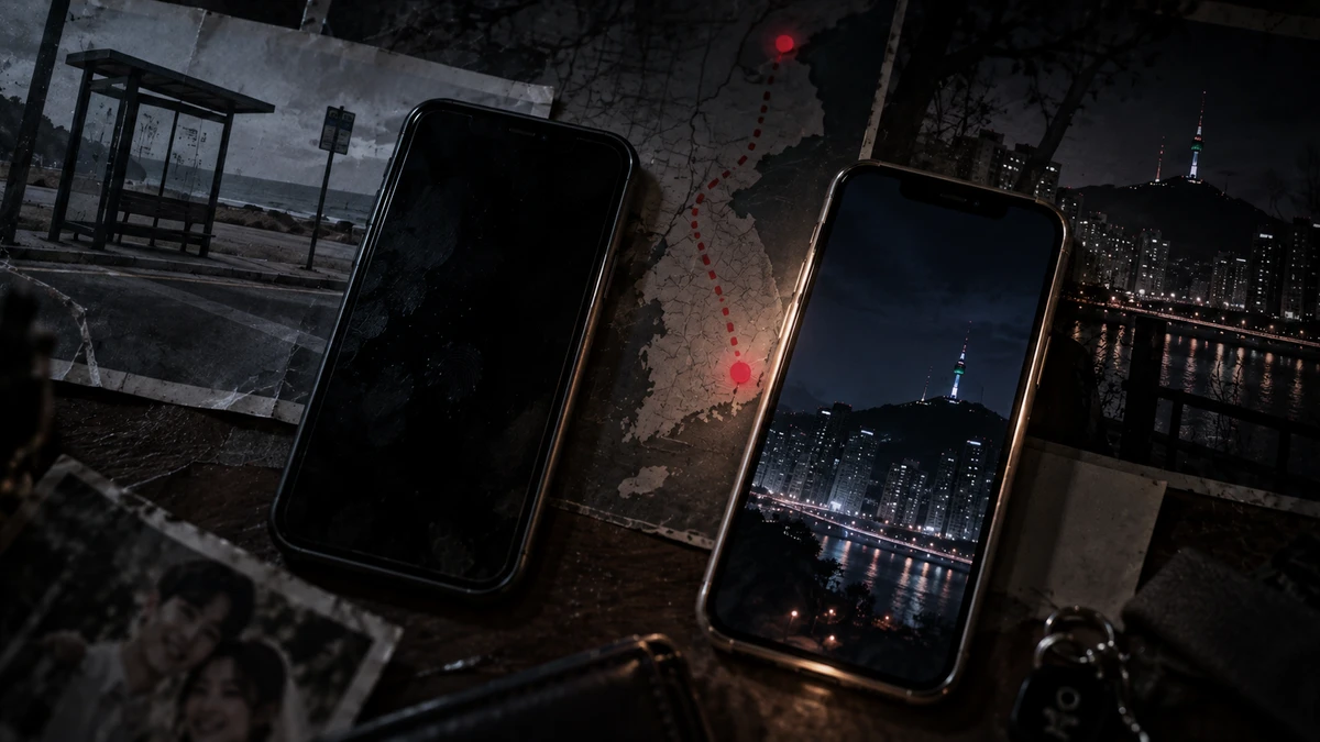 Two mobile phones lying on a dark desk, one with its screen black, the other lit with a night view of Seoul, on top of a creased map of South Korea marked with two red dots joined by a dotted line, a grey photograph of a seaside bus stop and the corner of a wedding photo