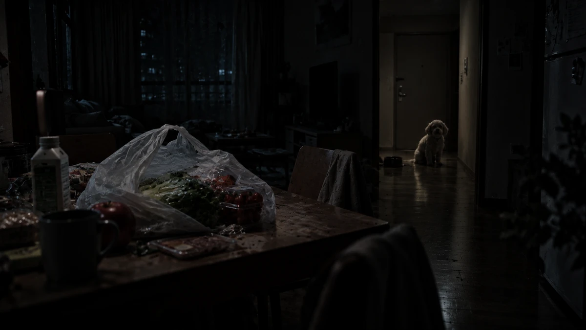 A dark flat at night in Busan: a plastic supermarket bag of vegetables, a carton and a mug left on the dining table, and at the end of the hallway a small pale dog sitting alone in front of the closed front door