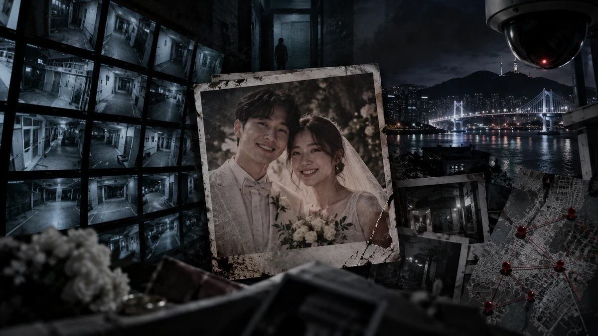 A weathered wedding photograph of a smiling young couple lying on a desk among old photos, a map marked with red pins and a wall of grey security-camera monitors, with the lights of Busan's Gwangan Bridge across the water at night and a dome camera watching from above