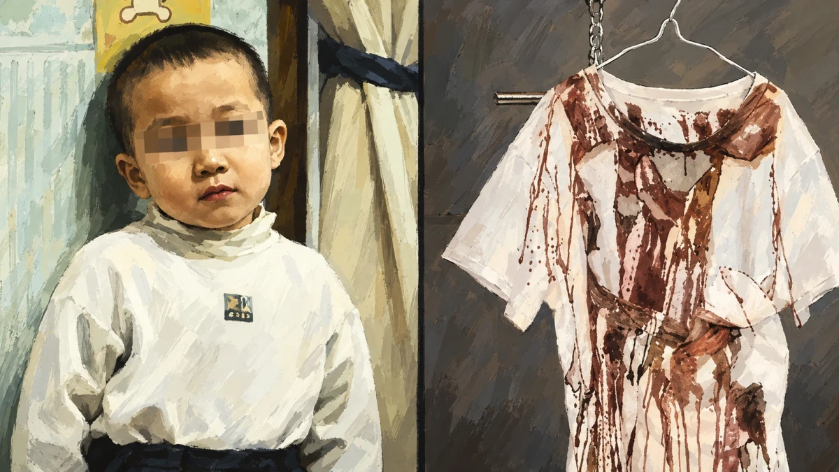 A painting split in two: on the left a small boy in a white turtleneck stands against a pale blue wall beside a cream curtain, his eyes hidden behind a pixelated band; on the right a white T-shirt hangs from a wire hanger on a chain against a dark door, streaked and spattered with dark red stains