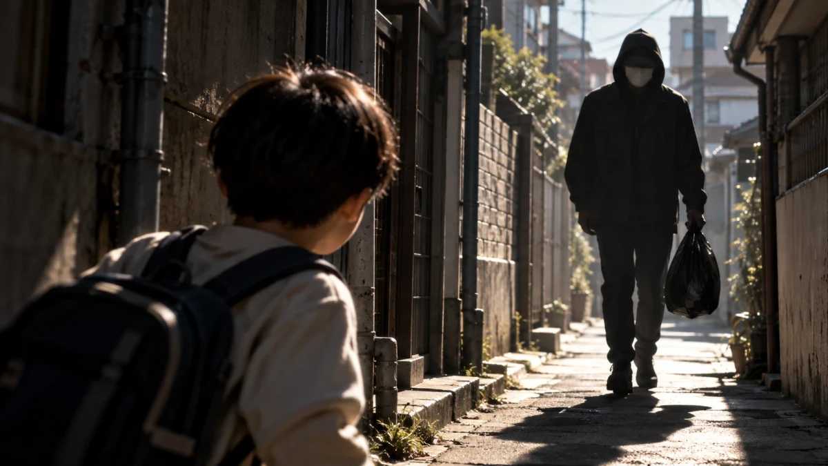 A cinematic picture of a narrow, sunlit residential alley seen over the shoulder of a small boy with a backpack, while a man in a dark hooded jacket and a white face mask walks towards him down the middle of the alley, a black plastic bag hanging from one hand