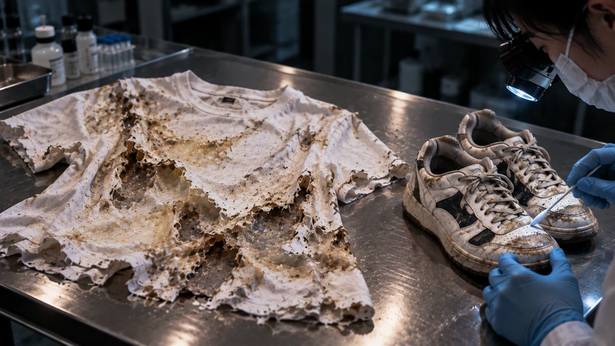 A picture of a forensic laboratory bench where a white T-shirt eaten through with holes and brown stains lies spread out beside a pair of stained white trainers, as a gloved examiner wearing a mask and a head-mounted magnifier swabs one of the shoes