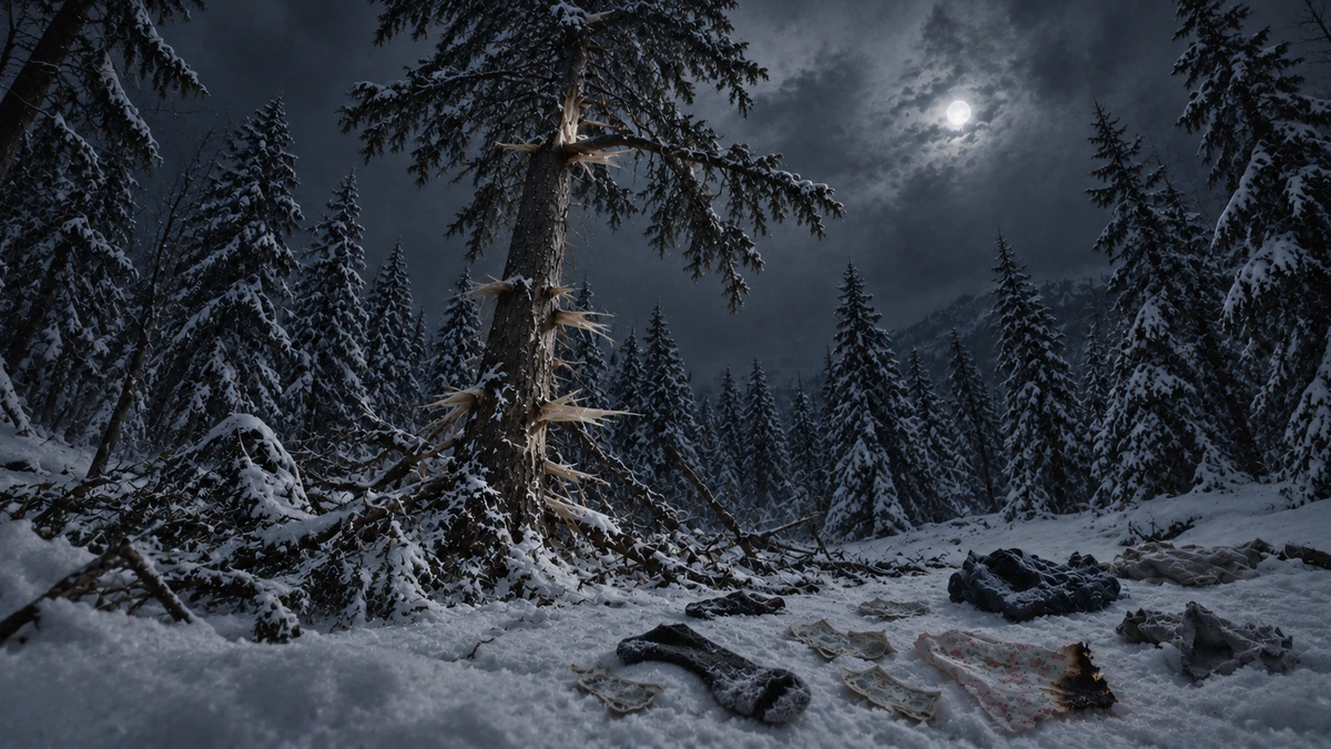 Dramatised illustration of the Dyatlov Pass incident: a tall cedar in a moonlit snow forest with its lower branches snapped off, the pale broken stubs standing out from the trunk, a heap of broken boughs at its foot, and on the snow in front of it a torn sock, a handkerchief with a burnt corner, a few banknotes and scraps of clothing
