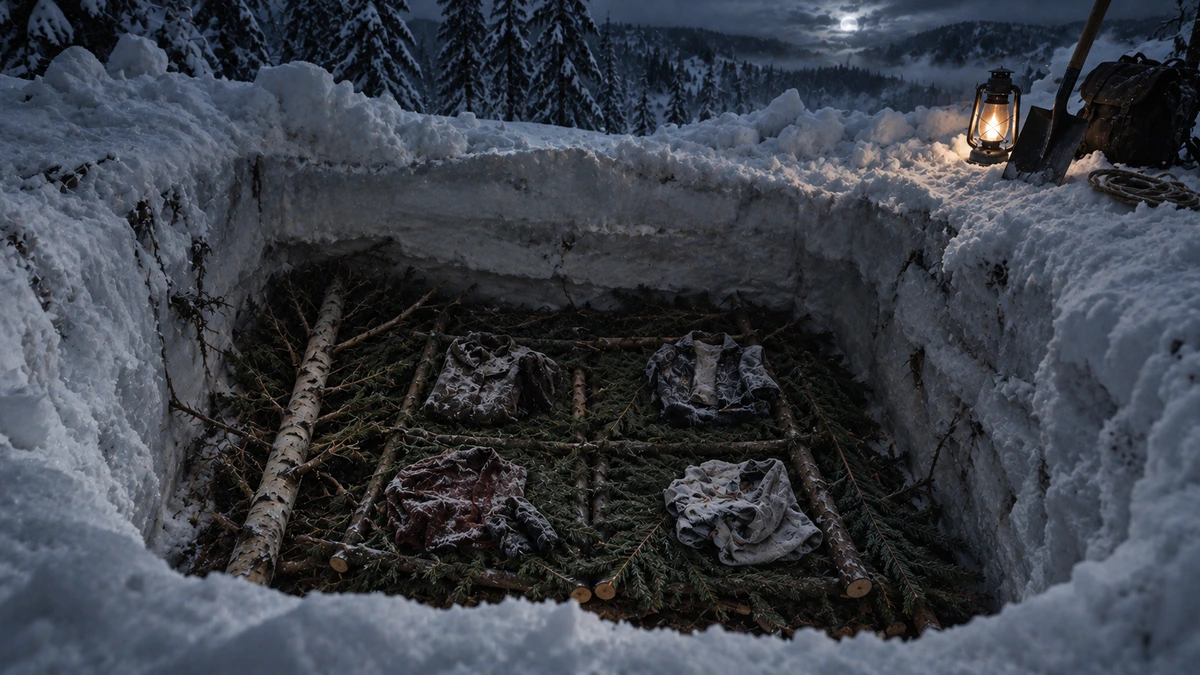 Dramatised illustration of the Dyatlov Pass incident: looking down into a deep pit cut through the snow in a ravine, a floor of fir boughs and birch poles laid across the bottom with four pieces of clothing set out on it, a lit lantern, a shovel, a coil of rope and a pack left at the rim, and a moonlit line of snow-covered firs behind