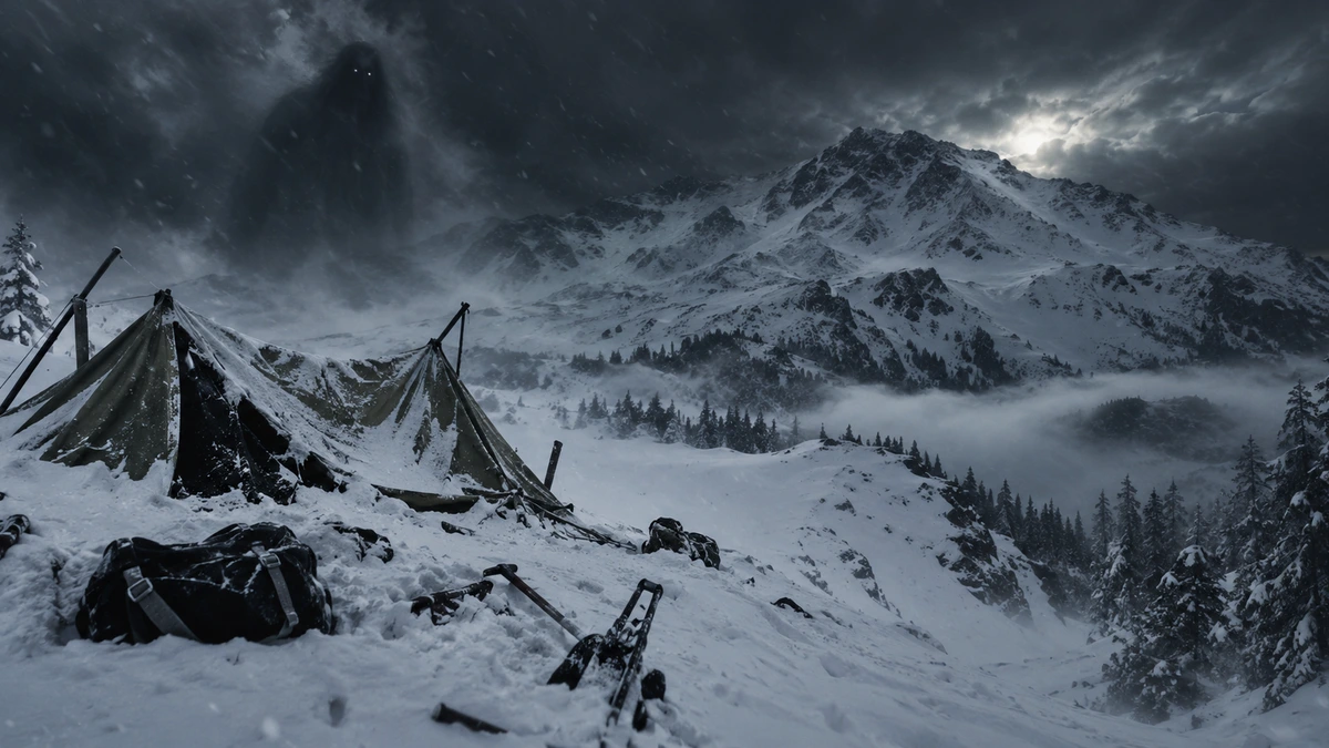 Dramatised illustration of the Dyatlov Pass incident: a canvas tent half buried and collapsing in a blizzard on a bare mountain slope, rucksacks, a ski pole and a sledge scattered in the snow around it, snow-covered ridges and a pale moon breaking through storm clouds behind, and a tall dark shape with two points of light for eyes standing in the cloud above the ridge