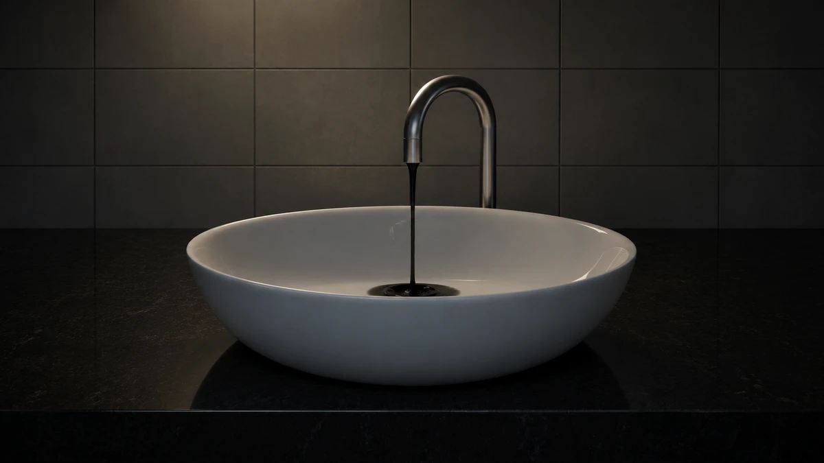 Dramatised recreation of the Cecil Hotel water complaints: a thin stream of black water pours from a chrome tap into a white basin on a dark stone counter