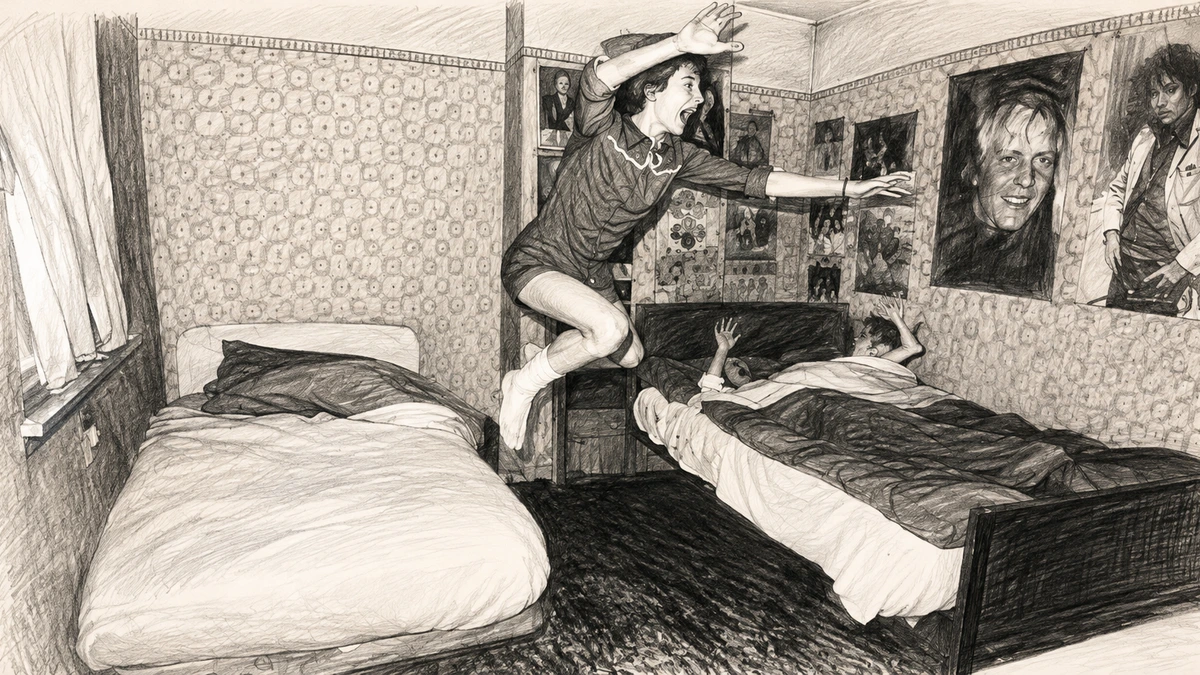 Dramatised pencil illustration of a 1970s British council house bedroom: a girl caught in mid-air above a bed with another child lying under the covers, patterned wallpaper, pop posters taped to the wall and a curtained window