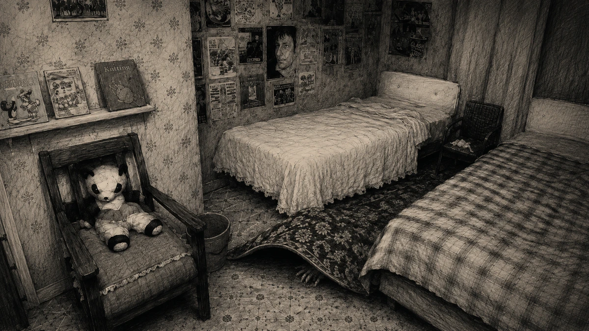 Dramatised pencil illustration of a 1970s British children's bedroom: two single beds, pop posters covering the wall, a panda toy propped on a small wooden armchair, and a patterned rug lifted up at one edge in the middle of the floor