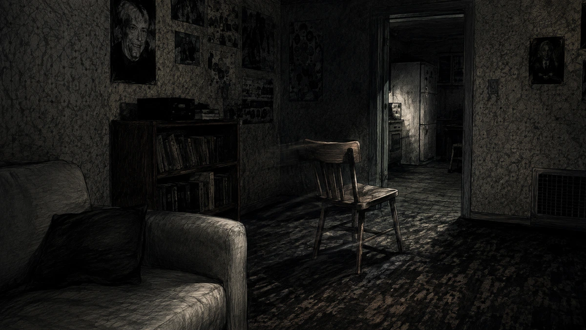 Dramatised pencil illustration of a dim 1970s British front room: a wooden kitchen chair standing alone on a patterned carpet in the middle of the floor, an empty sofa to one side, family photographs on patterned wallpaper, and a doorway opening onto a faintly lit kitchen