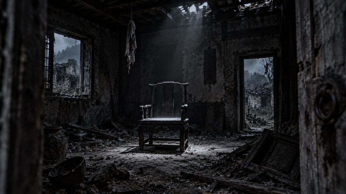 Dramatised illustration of Fengmen Village: the ruined interior of an abandoned house, roof partly fallen in and a shaft of pale light coming through the gap, with a single high-backed Chinese armchair standing alone in the middle of a floor covered in fallen debris