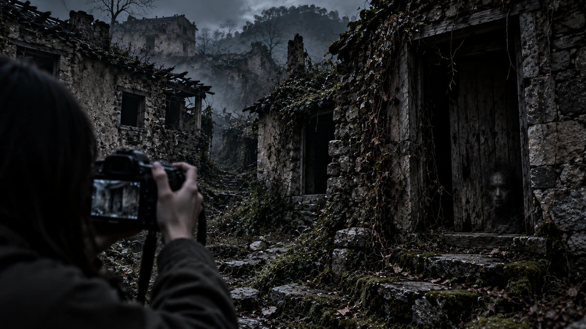 Dramatised illustration of Fengmen Village: seen from behind, a visitor raises a camera to photograph a lane of ruined ivy-covered stone houses under a heavy grey sky, and on the weathered timber door to the right a dim human face has surfaced in the grain of the wood