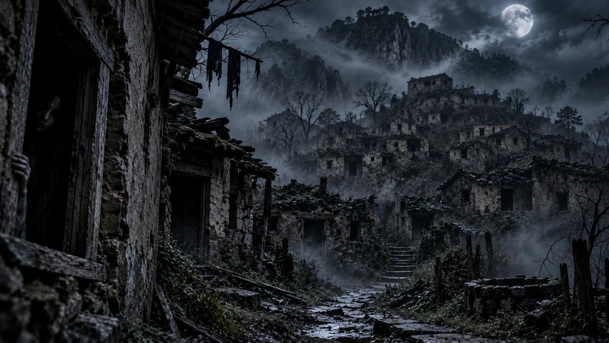 Dramatised illustration of Fengmen Village in Henan: a deserted stone hamlet stacked up a Taihang mountainside under a clouded full moon, black empty doorways and windows, mist lying along the rooftops, bare branches in the foreground and a wet stone path running up through the houses