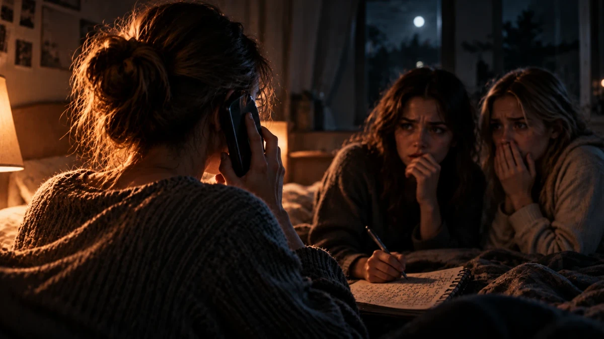 A cinematic scene of a dim bedroom late at night, a person with tied-up hair seen from behind holding a mobile phone to their ear, facing two young women who listen with frightened faces, one covering her mouth and the other writing in a spiral notebook by lamplight, a full moon in the window behind them