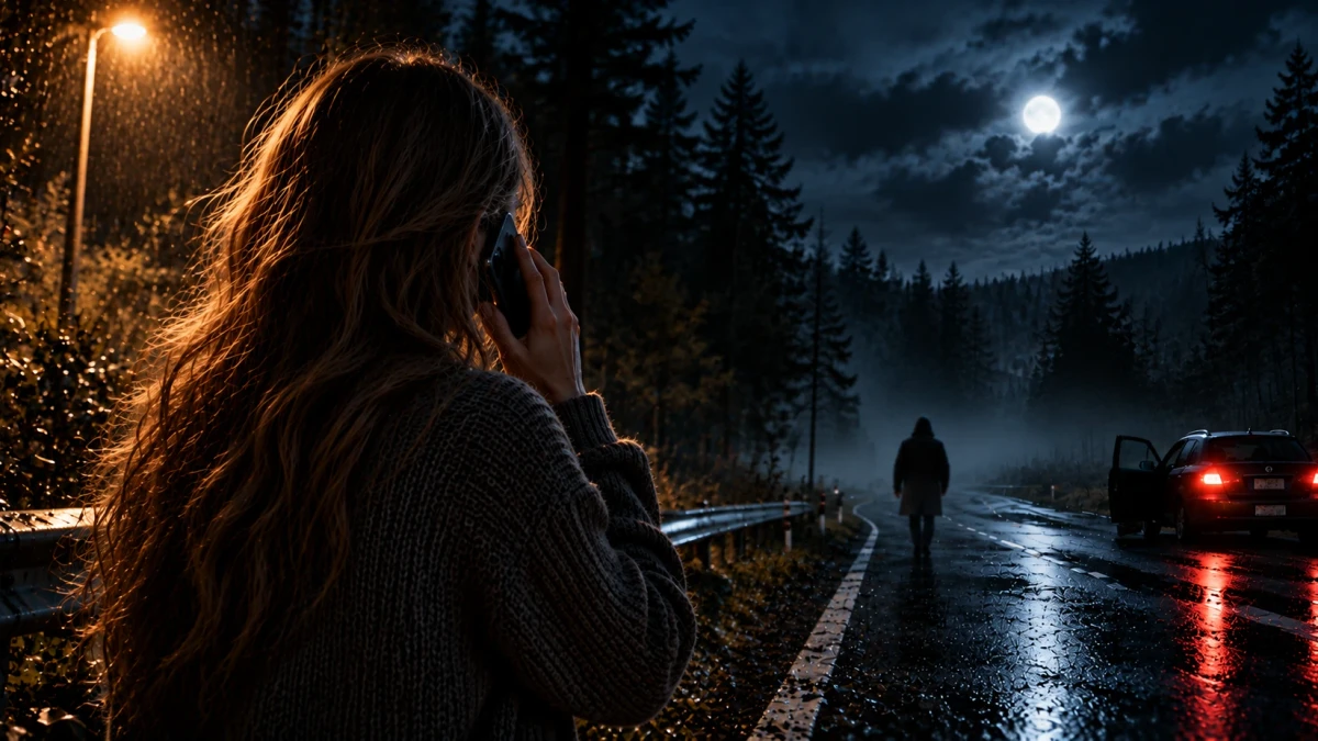 A cinematic rainy night scene of a woman with long hair seen from behind, holding a mobile phone to her ear beside a crash barrier under an orange street lamp, while ahead a wet forest road runs into the mist under a full moon, a dark figure walks along the road and a car waits at the roadside with its door open and red tail lights glowing