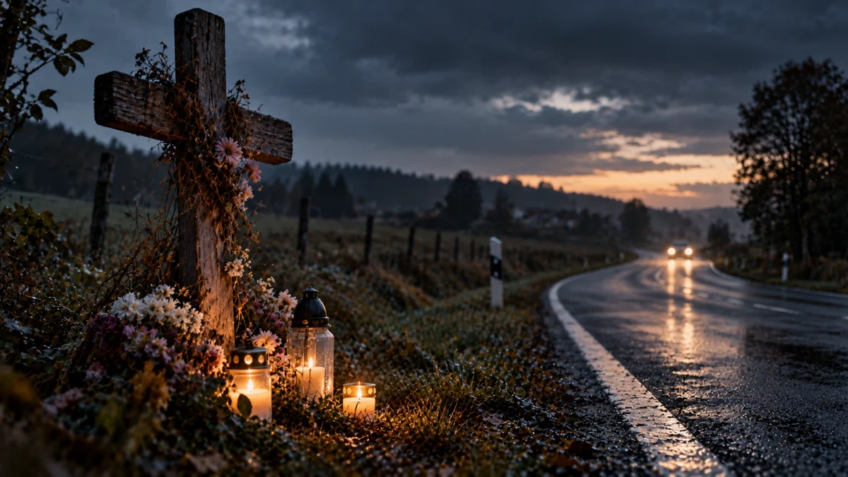 A cinematic dusk scene of a weathered wooden cross wrapped in dried vines by a rain-wet country road, bunches of flowers and lit grave candles in lanterns at its foot, a wire fence and dark forested hills behind, and in the distance a car with its headlights on coming round the bend