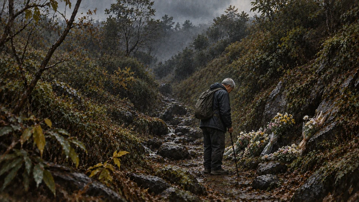 A painting of a grey-haired old man in a dark rain jacket and backpack, leaning on a walking stick and looking down at a row of wrapped bouquets of white and yellow flowers propped against the rocky bank of a narrow, wet gully on a misty wooded hillside