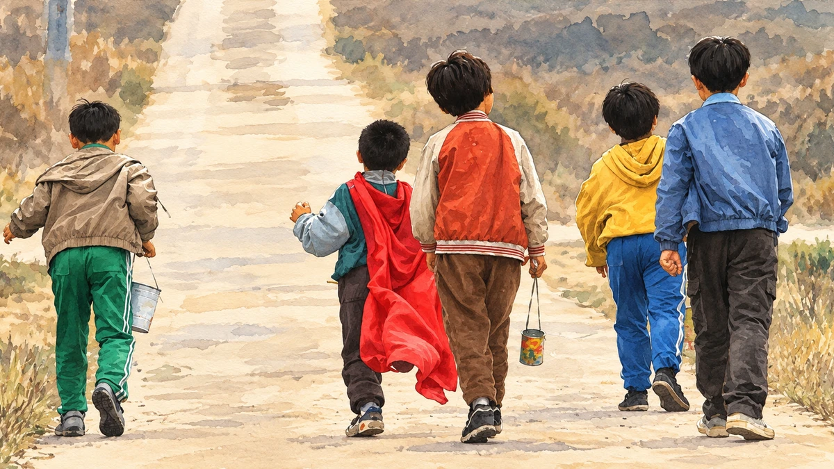 A watercolour of five young boys seen from behind, walking side by side up a pale dirt track between dry winter grass and bare hillside scrub, dressed in bright early-nineties jackets and track pants, two of them swinging small tin cans by wire handles
