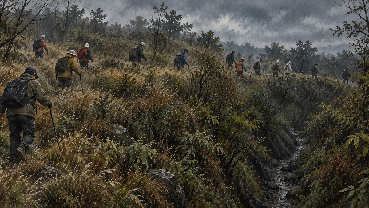 A painting of a long line of searchers in rain jackets, caps and helmets, some with walking poles and backpacks, strung out in single file across a wet, overgrown hillside under a heavy grey sky, while beside them a narrow rocky gully runs down through the thick brush