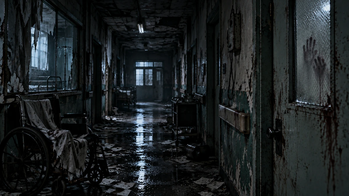 Dramatised illustration of a corridor inside the abandoned Gonjiam psychiatric hospital in South Korea at night: a wheelchair draped with a stained sheet on the left, peeling walls, water pooled on the floor among scattered papers, an overturned steel bucket, a door at the far end with pale light behind it, and a dark handprint pressed against the frosted glass of the door on the right