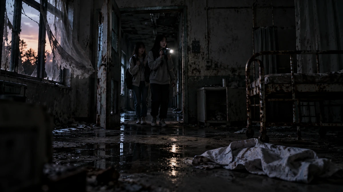 Dramatised illustration of two young women with backpacks stepping through a doorway into a ruined ward of the abandoned Gonjiam psychiatric hospital in South Korea at dusk, one of them holding up a small camera with its light switched on, a torn curtain lifting at a broken window, a rusted bed frame and a stained sheet lying on the wet floor