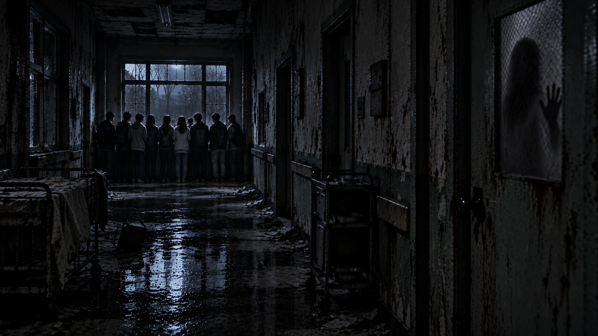 Dramatised illustration of a dark corridor inside the abandoned Gonjiam psychiatric hospital in South Korea at night: about ten young people with backpacks standing with their backs turned at the tall window at the far end, water and scattered papers on the floor, a rusted bed and a steel trolley along the walls, and on the right a closed door whose wired glass shows the blurred shape of a figure with one hand pressed against it from the other side