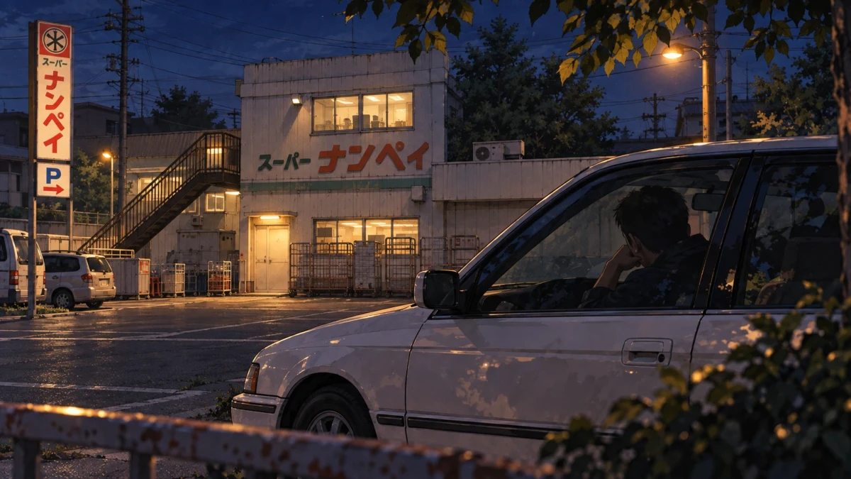 A painterly night scene of the Nanpei supermarket with light in the upstairs office and on the outside staircase, seen from behind a rusty railing where a white saloon car is parked, a man in the driver's seat resting his chin on his hand and looking towards the building