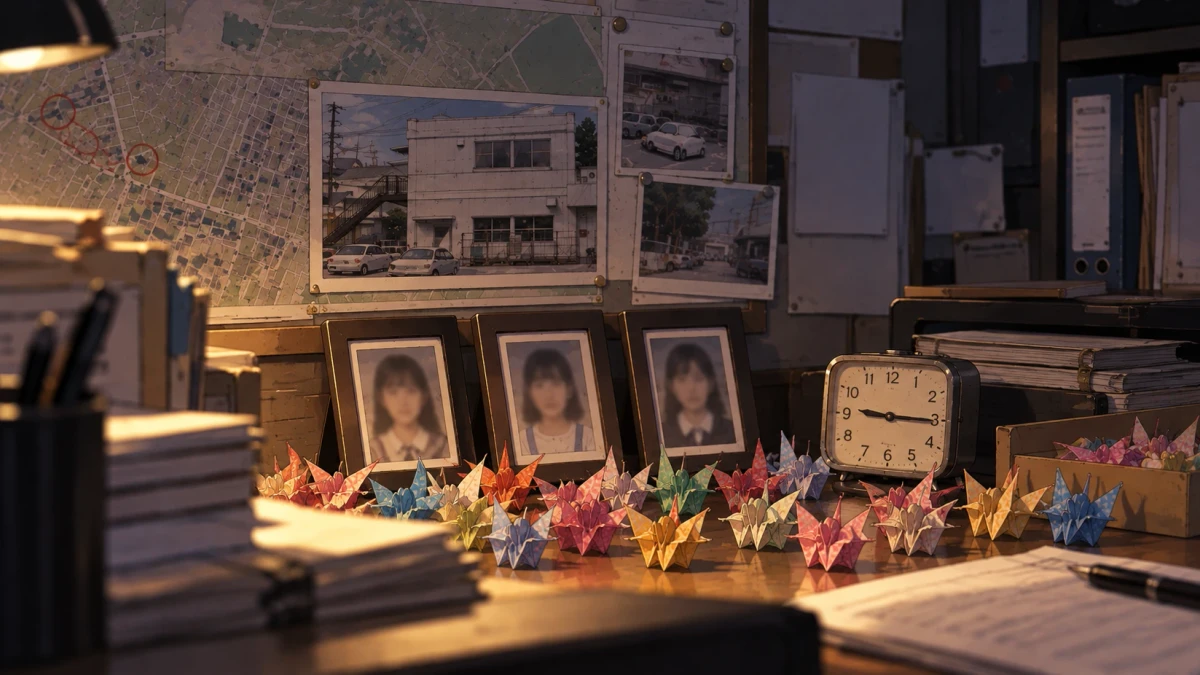 A painterly scene of a dim investigation room at night, a map marked with red circles and photographs of the supermarket pinned to the wall, three framed portrait photographs with blurred faces on a desk, a boxy clock showing a quarter past nine and rows of colourful paper cranes in the lamplight