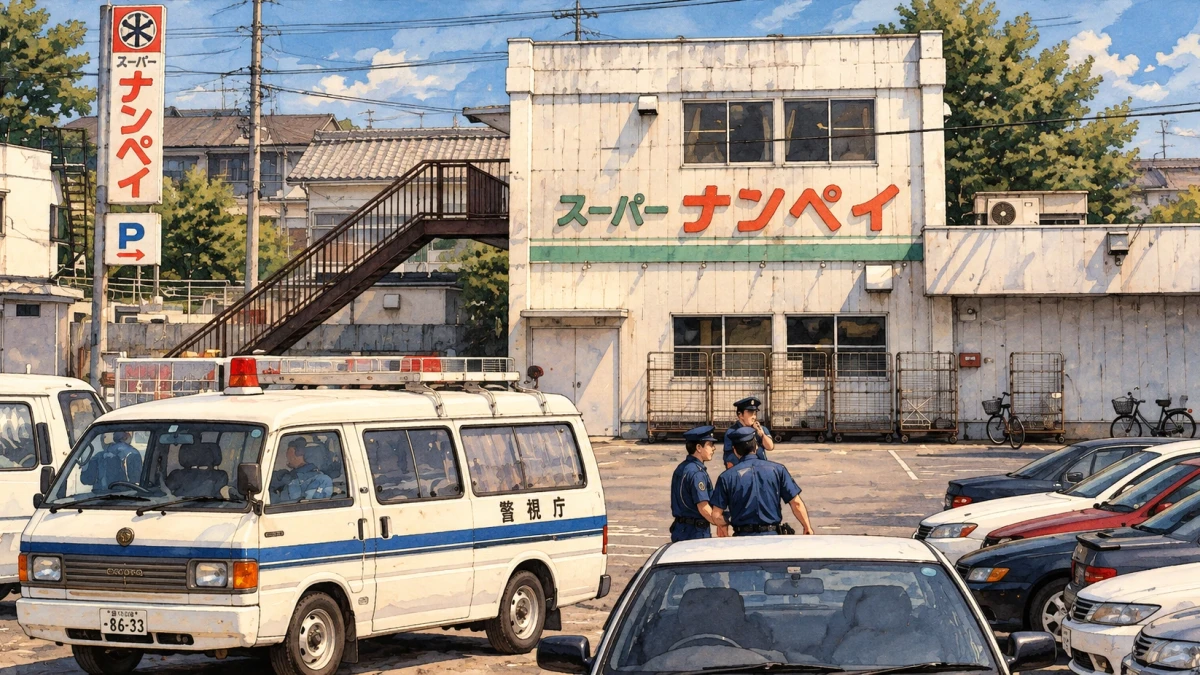 A watercolour scene of a weathered two-storey white supermarket in a Japanese town on a summer day, a steep metal staircase climbing the outside wall to the upstairs office, a tall red and white Nanpei sign beside it, a white Tokyo police van and three uniformed officers standing in the car park among parked cars