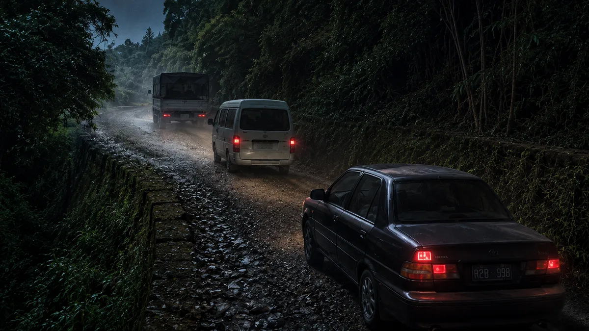 Dramatised recreation of the escape convoy in the Hasshaku-sama story: on a wet gravel mountain road in dim light, a small covered truck leads, a white van follows in the middle, and a dark sedan brings up the rear with its tail lights glowing