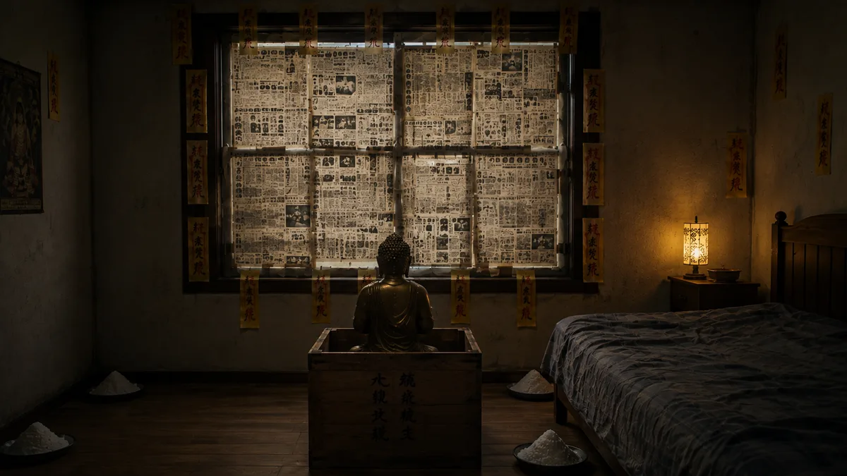 Dramatised recreation of the sealed upstairs room in the Hasshaku-sama story: a window blinded with newspaper pages and ringed with yellow paper talismans, a brass Buddha statue seated in a wooden box facing the window, and small piles of salt on dishes in the corners of the dim bedroom
