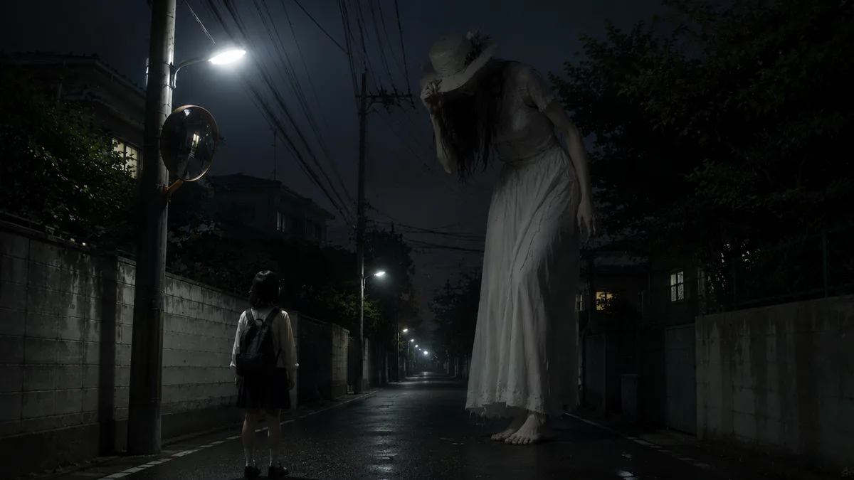 Dramatised illustration of the Hasshaku-sama legend: on a dark rain-slicked street at night, a schoolgirl with a backpack stands frozen under a streetlight while an impossibly tall woman in a torn white dress and a wide white hat bends forward over the road towards her, her face hidden