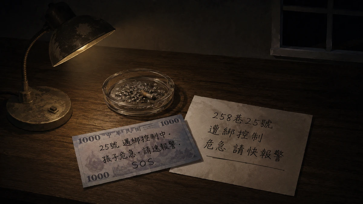 Dramatised illustration of the desk at night: under an old lamp, a glass ashtray holding a cigarette butt sits beside a thousand-dollar banknote and a paper note, both covered in handwritten pleas for help, with a dark window behind