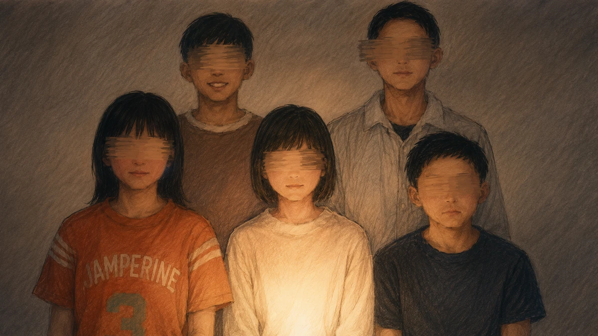Dramatised illustration of five children posed close together as if for a family photograph, their eyes scribbled out in rough pencil strokes, a faint warm glow rising from below