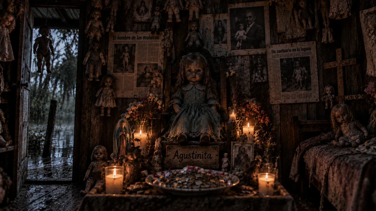 Inside the wooden hut on the Island of the Dolls: the doll Agustinita, in glasses and a pale dress, sits on a candlelit altar above a wooden sign bearing her name, a plate of sweets and coins in front of her, yellowed newspaper clippings and dolls covering the plank walls, and the open door showing the rain-dark canal outside