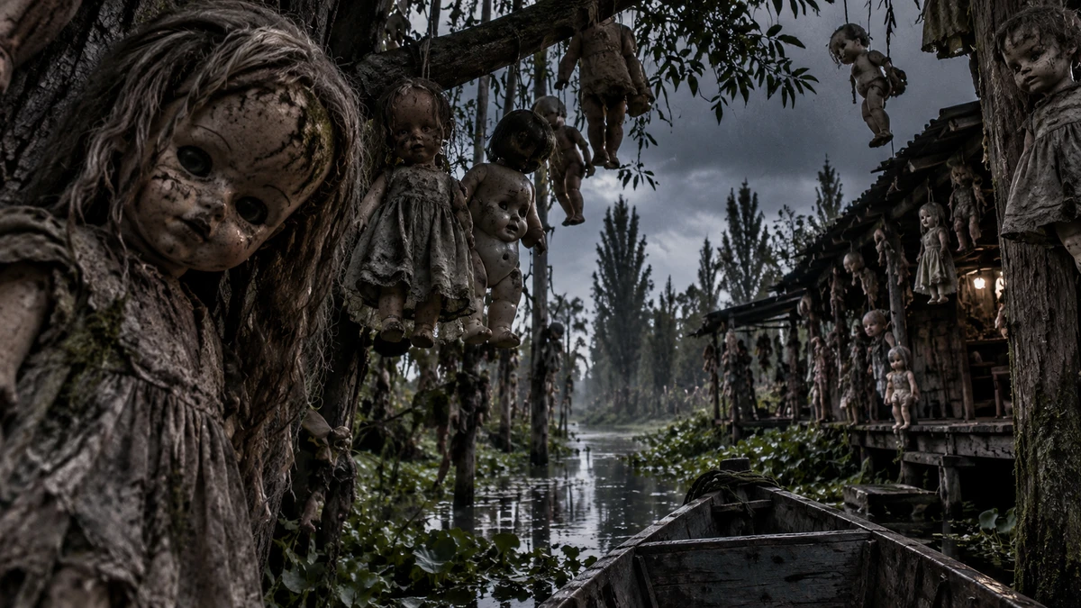 Looking over the bow of a wooden flat-bottomed boat up a dim canal at Xochimilco, Mexico: weathered dolls hang from the branches and are tied to the trunks of the trees on both banks, a wooden hut on stilts stands at the water's edge with more dolls on its posts and a lamp burning inside, and one large doll with matted hair and a mud-streaked face stares from a tree trunk in the foreground under a heavy grey sky