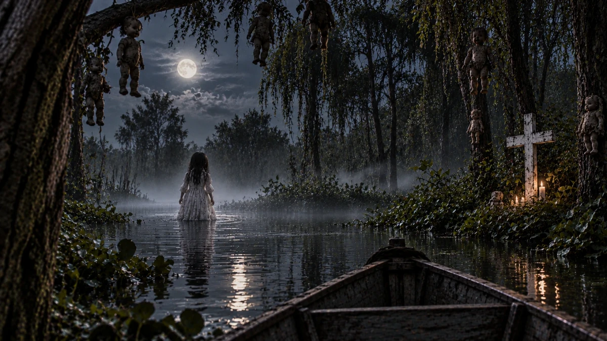 A moonlit canal at Xochimilco seen from the bow of a wooden boat: a small girl in a white dress stands waist-deep in the misty water with her back to the viewer, weathered dolls hang from the willow branches overhead, and on the right bank a white cross stands among the leaves with candles burning at its foot