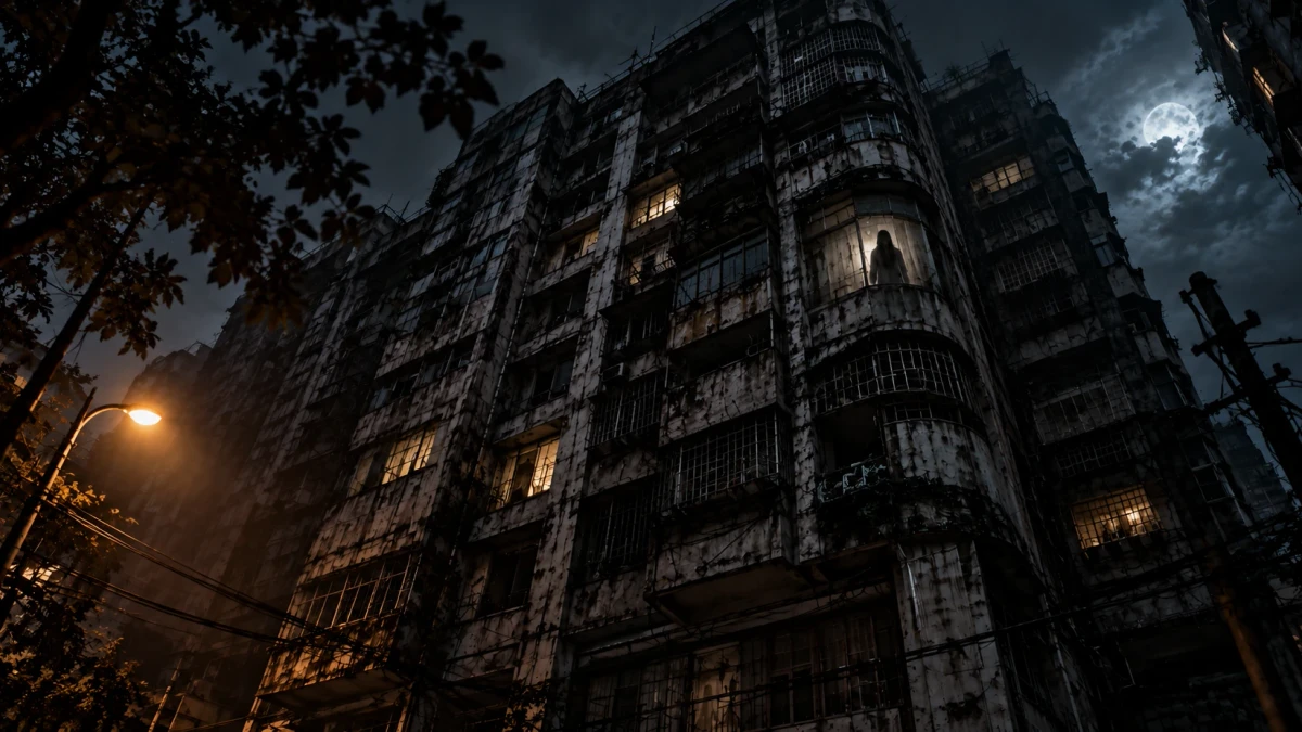 A cinematic picture looking up at a stained, crumbling high-rise apartment block at night, its balconies caged with rusted bars and tangled wires, a street lamp glowing orange on the left, a full moon behind clouds, and in one lit window near the top a pale figure with long dark hair standing behind the curtain