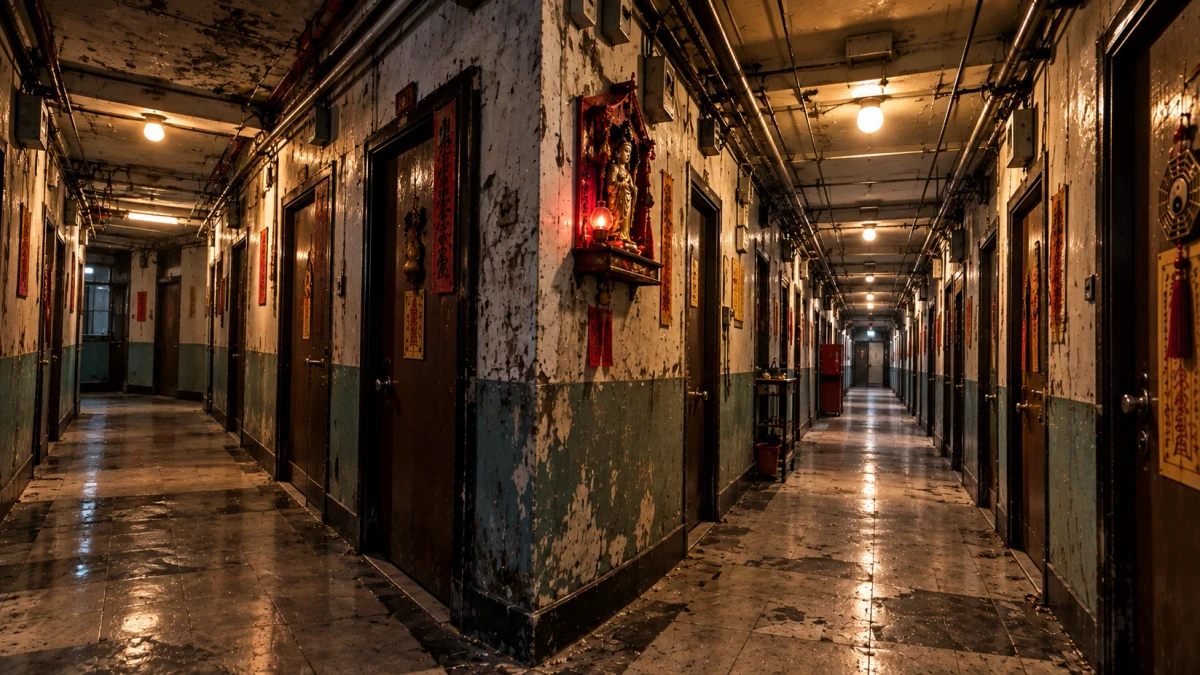 A cinematic picture of a dim, worn hotel-style corridor in an old Taipei apartment block that splits at a corner into two long corridors, the peeling walls painted pale blue along the bottom, doors hung with red paper talismans and a bagua mirror, a small shrine with a deity figure and a red lamp mounted on the corner wall, bare bulbs along the ceiling and a wet tiled floor reflecting the light