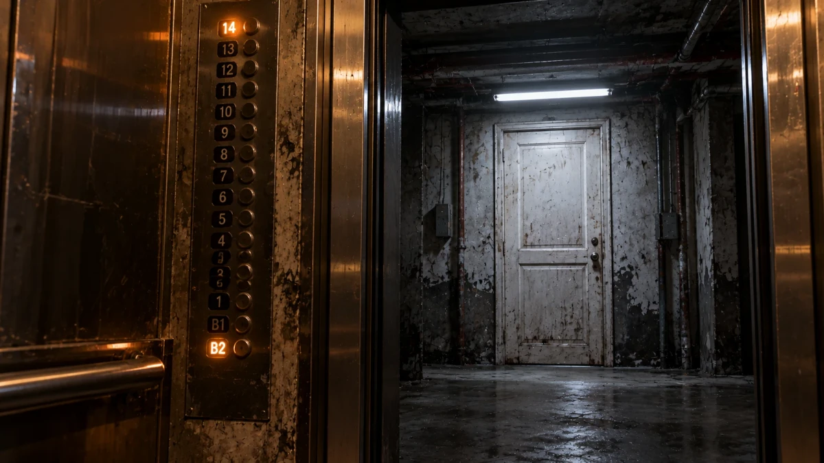 A cinematic picture from inside an old stainless-steel lift with its doors open onto a grimy basement: the floor panel beside the door glows at the top floor and the lowest basement, and straight ahead, under a single fluorescent tube, stands a closed, peeling white door