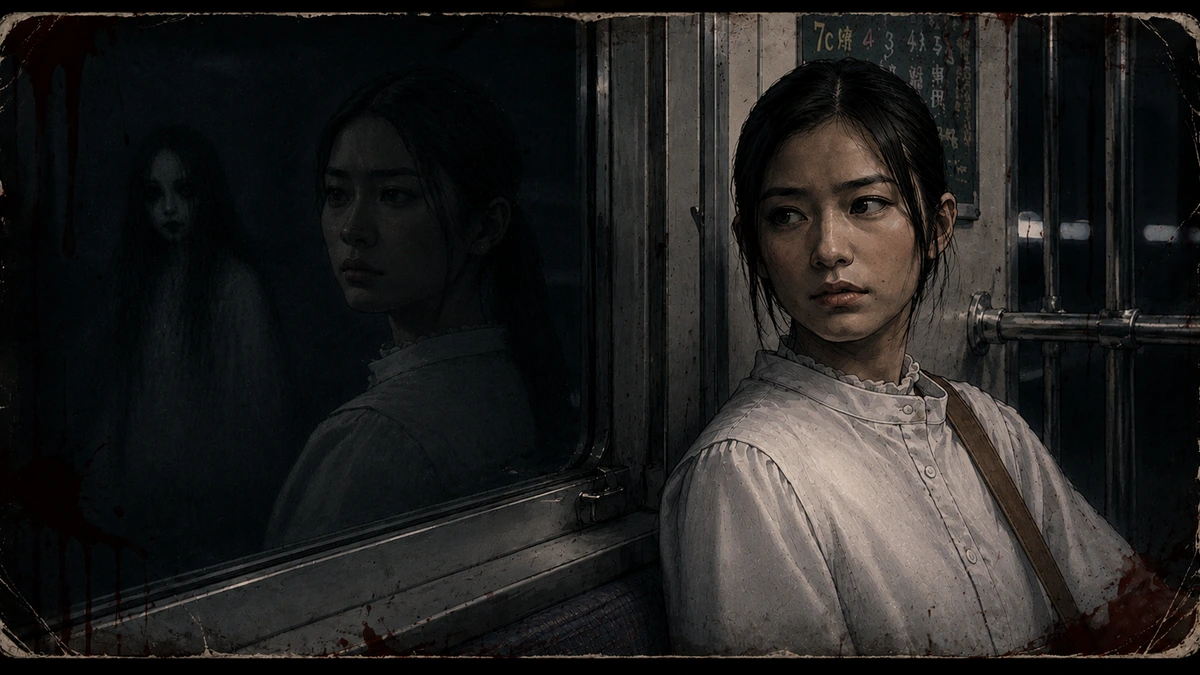 Dramatised illustration of the Kisaragi Station legend: inside a dim night train carriage, a young woman in a white blouse turns to look back over her shoulder, her face reflected in the black window beside her, and in that reflection a long-haired pale figure stands behind her; the image is framed like a scratched, stained old photograph