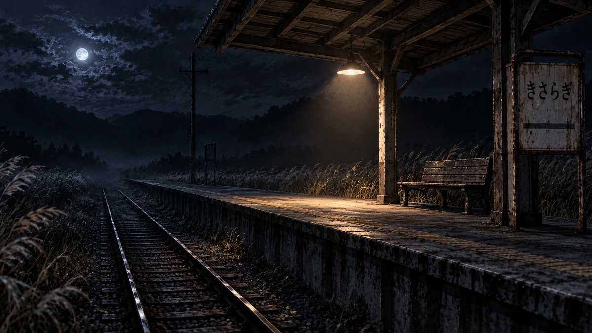 Dramatised illustration of the Kisaragi Station legend: a deserted rural platform late at night under a clouded moon, one hanging lamp burning beneath a wooden canopy, a weathered enamel station name board on a rusted frame, an empty bench, tall pampas grass crowding the platform edge and a single track running away into the dark