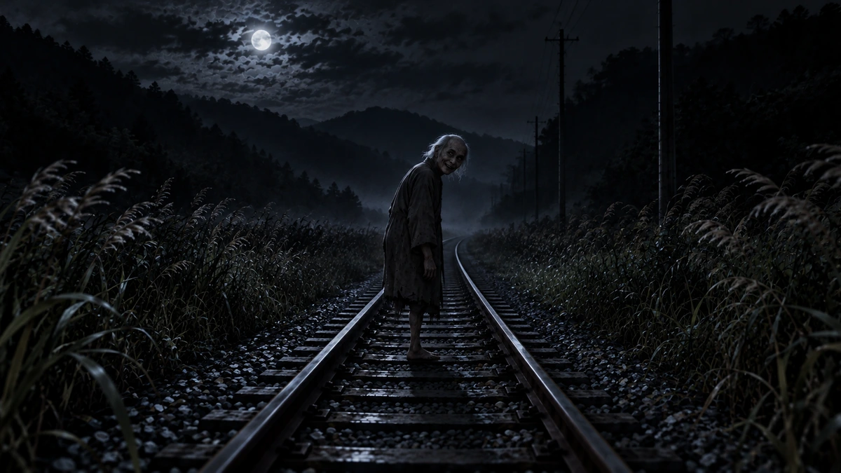 Dramatised illustration of the Kisaragi Station legend: on a moonlit single railway track walled in by tall grass, a barefoot old figure in a ragged robe stands between the rails and turns to look back over one shoulder, grinning, with fog and dark hills behind