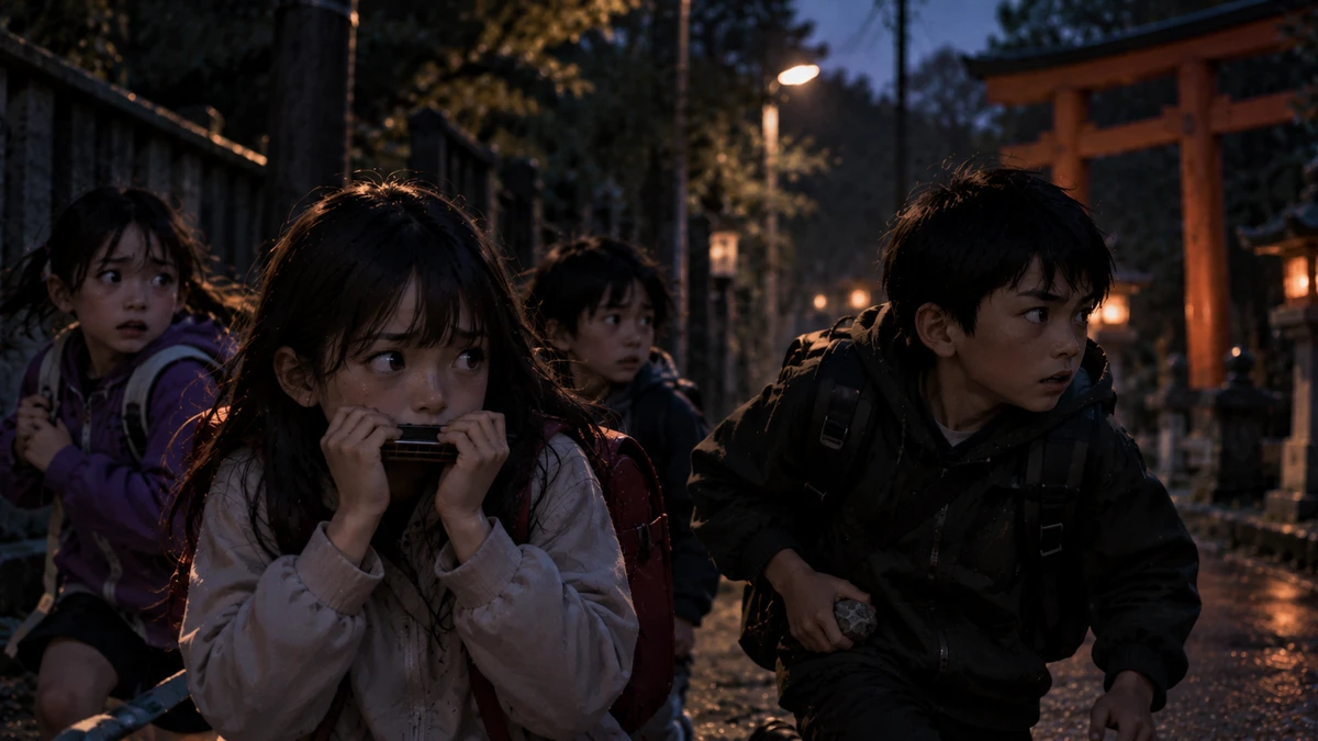 Schoolchildren hurrying together along a wet road at dusk in Japan, satchels on their backs, one girl holding a harmonica to her lips with both hands, a boy beside her gripping a stone, a street light, stone lanterns and a red torii gate behind them
