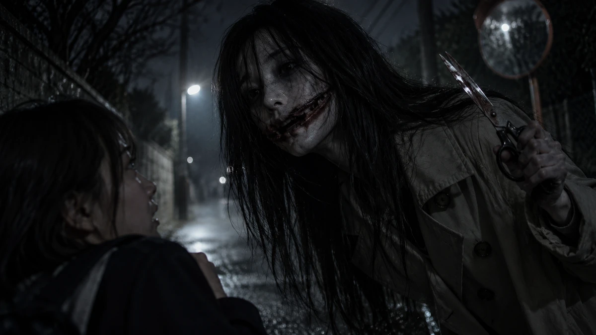 A rainy night on a narrow Japanese residential street: a tall woman in a pale trench coat with long wet black hair leans down toward a schoolchild seen from behind, her mouth cut open from corner to ear, a pair of scissors raised in her right hand, a streetlight and a convex traffic mirror glowing behind her